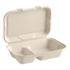 Buy 9 x 6 x 3 inch natural plant fiber 2 compartment take out containers, eco friendly disposable food boxes in a 200 case for restaurants and takeaway service.